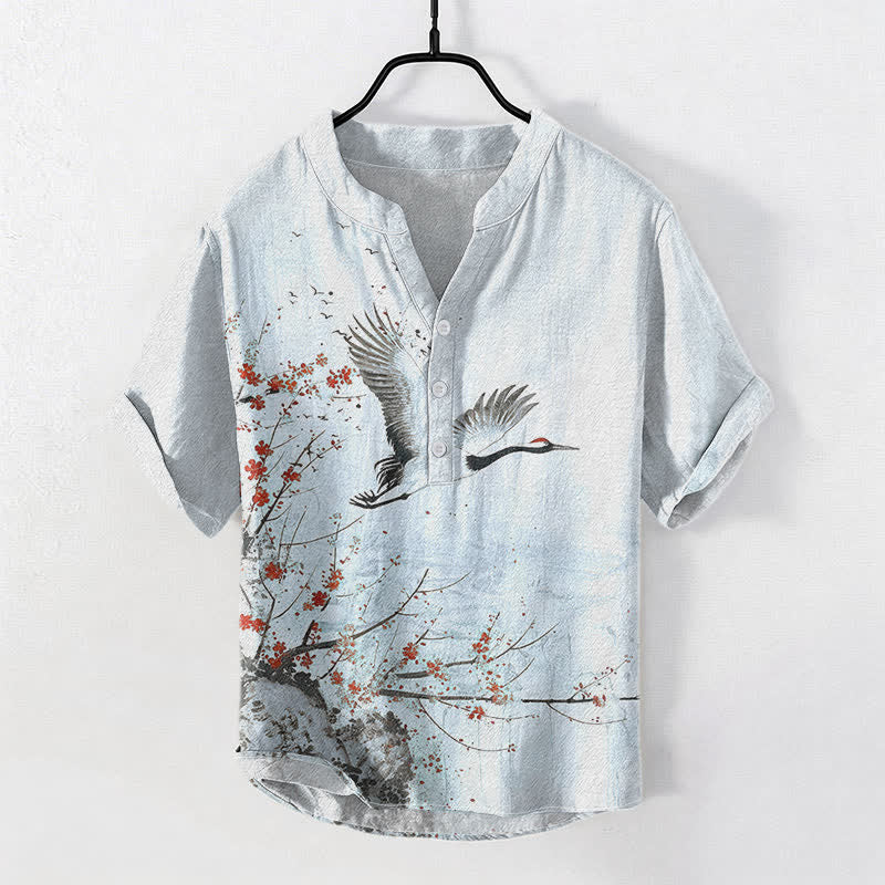 Buddha Stones Cotton Crane Plum Blossom Pattern Men's Short Sleeve Half Button Shirt - LightBlue - US/UK/AU50，EU60 (5XL) - image 6