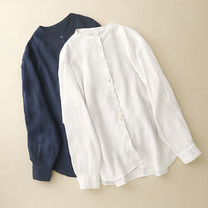 Buddha Stones Summer Tang Style Minimalist Mandarin Collar Solid Women's Long Sleeve Shirts - image 18