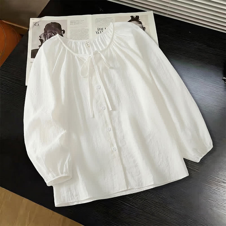 Buddha Stones Spring Summer Casual Boho Crew Neck Drawstring Button-Up Solid Women's Long Sleeve Shirts - White - US8-10, UK/AU12-14, EU40-42 (2XL) - image 3