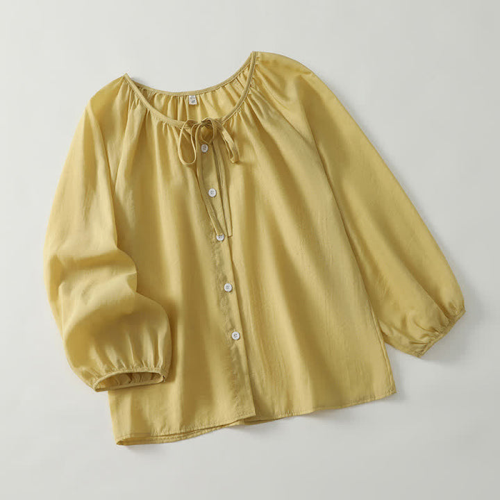 Buddha Stones Spring Summer Casual Boho Crew Neck Drawstring Button-Up Solid Women's Long Sleeve Shirts - image 1