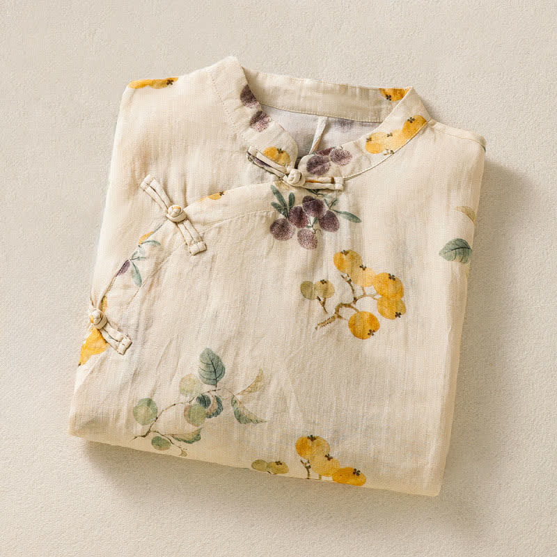 Buddha Stones Summer Tang Style Vintage Mandarin Collar Loquat Chinese Bayberry Floral Women's Short Sleeve Shirts - image 2