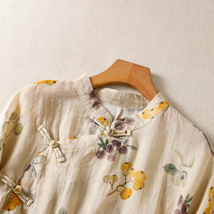 Buddha Stones Summer Tang Style Vintage Mandarin Collar Loquat Chinese Bayberry Floral Women's Short Sleeve Shirts - image 3