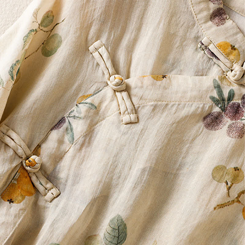 Buddha Stones Summer Tang Style Vintage Mandarin Collar Loquat Chinese Bayberry Floral Women's Short Sleeve Shirts - image 5