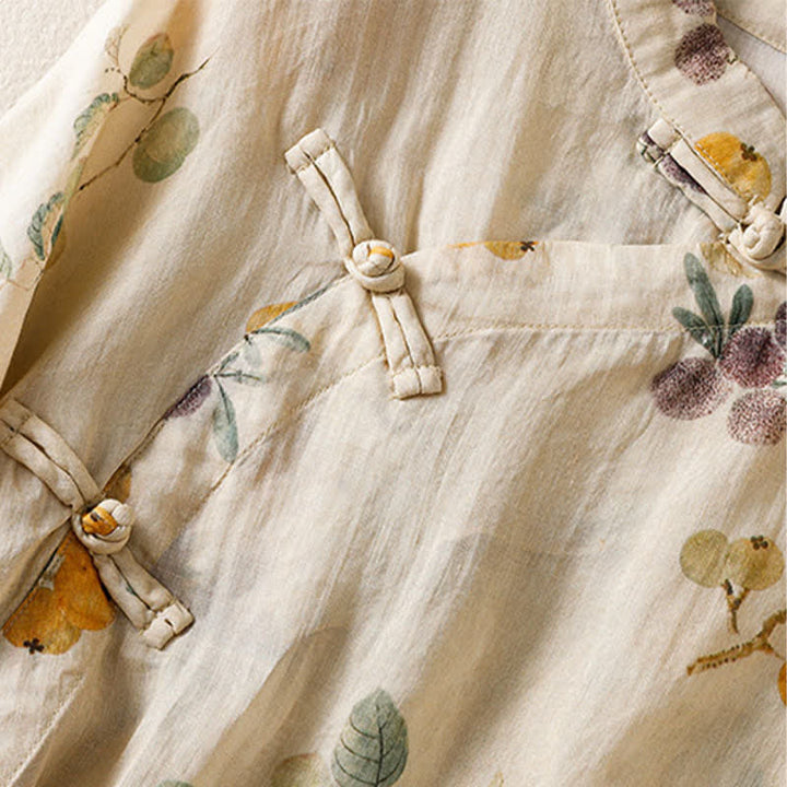 Buddha Stones Summer Tang Style Vintage Mandarin Collar Loquat Chinese Bayberry Floral Women's Short Sleeve Shirts - image 5