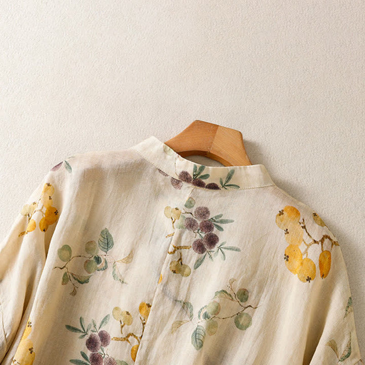 Buddha Stones Summer Tang Style Vintage Mandarin Collar Loquat Chinese Bayberry Floral Women's Short Sleeve Shirts - image 4