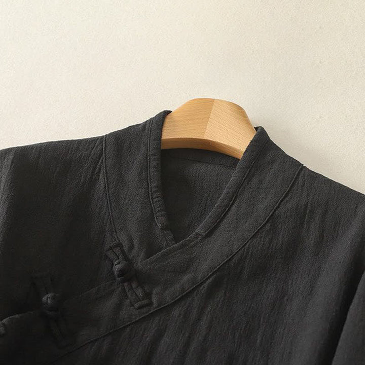 Buddha Stones Spring Summer Tang Style Minimalist V-Neck Frog Button Solid Women's Long Sleeve Shirts - image 6