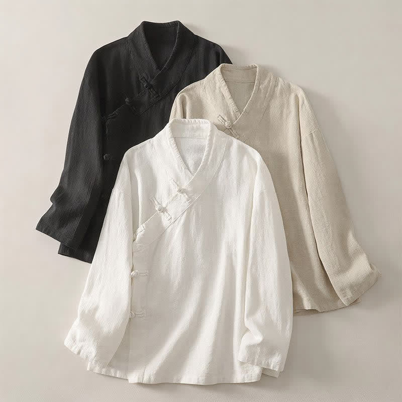 Buddha Stones Spring Summer Tang Style Minimalist V-Neck Frog Button Solid Women's Long Sleeve Shirts - image 18