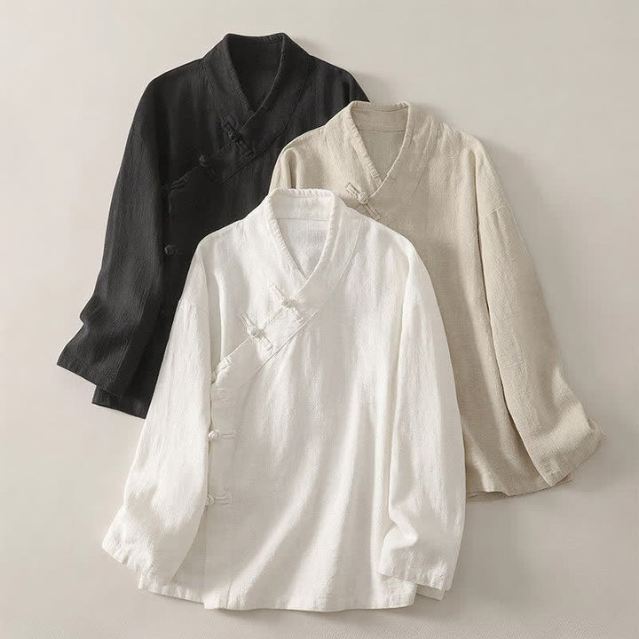 Buddha Stones Spring Summer Tang Style Minimalist V-Neck Frog Button Solid Women's Long Sleeve Shirts - image 18