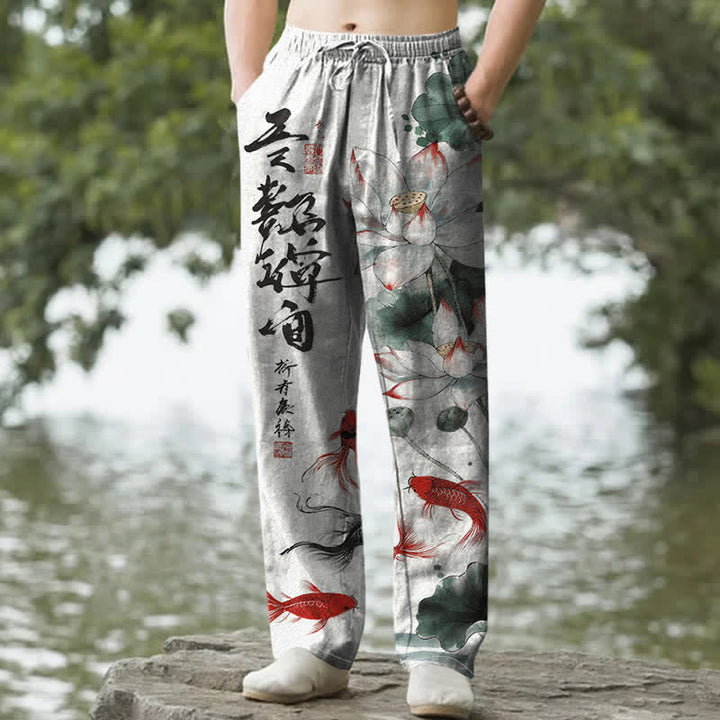 Buddha Stones Cotton Lotus Koi Fish Ink Wash Pattern Men's Tapered Pants With Pockets - Beige - US/UK/AU50，EU60 (5XL) - image 0