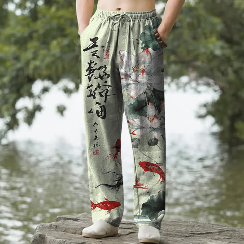 Buddha Stones Cotton Lotus Koi Fish Ink Wash Pattern Men's Tapered Pants With Pockets - LightGreen - US/UK/AU50，EU60 (5XL) - image 6