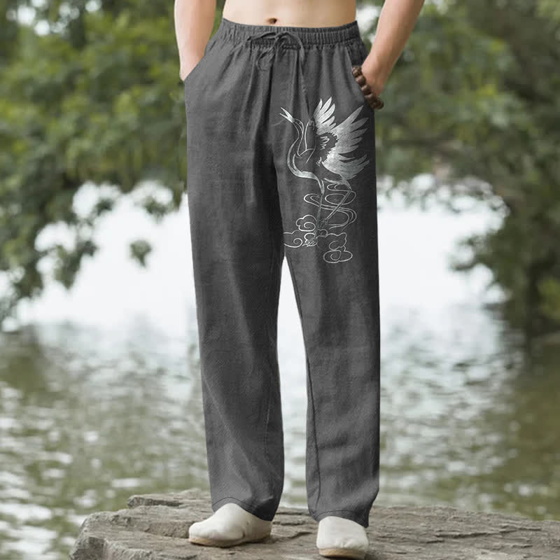 Buddha Stones Cotton White Crane Wave Pattern Men's Tapered Pants With Pockets - DimGray - US/UK/AU50，EU60 (5XL) - image 6
