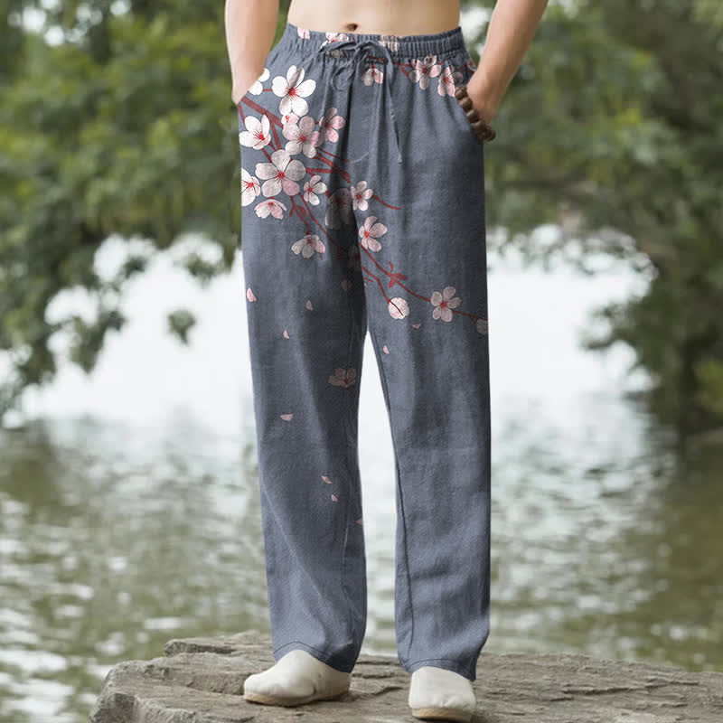 Buddha Stones Cotton Pink Sakura Blossom Pattern Men's Tapered Pants With Pockets - SlateGray - US/UK/AU50，EU60 (5XL) - image 6