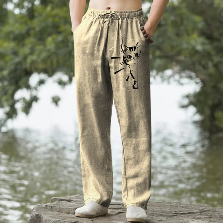 Buddha Stones Cotton Black Cat Sketch Pattern Men's Tapered Pants With Pockets - Khaki - US/UK/AU50，EU60 (5XL) - image 6