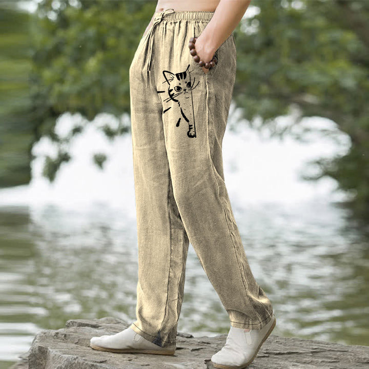 Buddha Stones Cotton Black Cat Sketch Pattern Men's Tapered Pants With Pockets - image 7