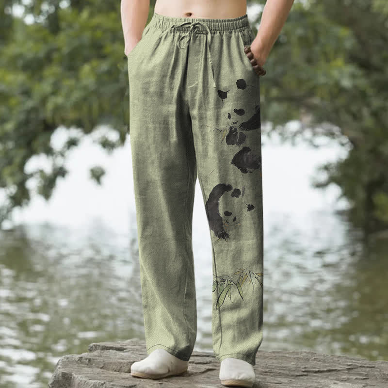 Buddha Stones Cotton Ink Panda Bamboo Pattern Men's Tapered Pants With Pockets - OliveDrab - US/UK/AU50，EU60 (5XL) - image 4