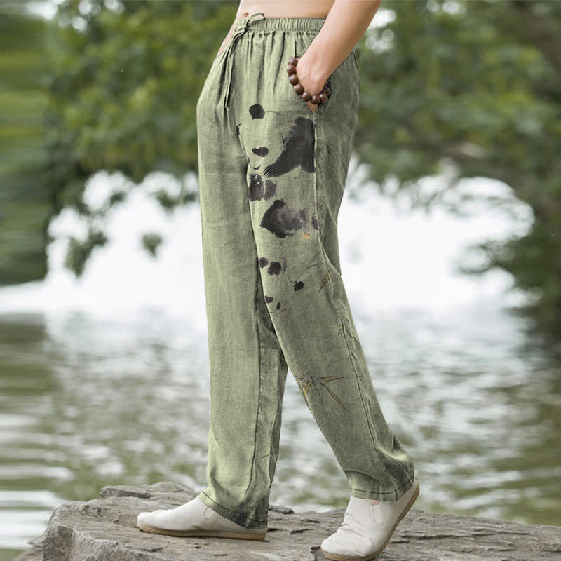 Buddha Stones Cotton Ink Panda Bamboo Pattern Men's Tapered Pants With Pockets - image 5