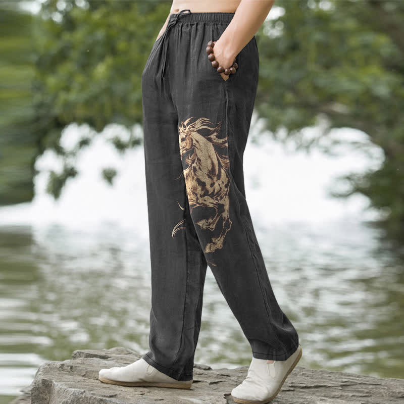 Buddha Stones Cotton Golden Running Horse Pattern Men's Tapered Pants With Pockets - image 5