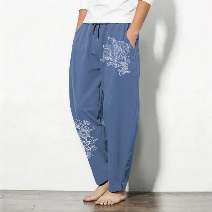 Buddha Stones Pure Cotton Koi Dragon Pattern Drawstring Men's Tapered Pants With Pockets - image 1