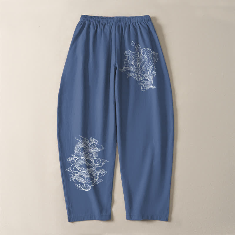 Buddha Stones Pure Cotton Koi Dragon Pattern Drawstring Men's Tapered Pants With Pockets - image 3