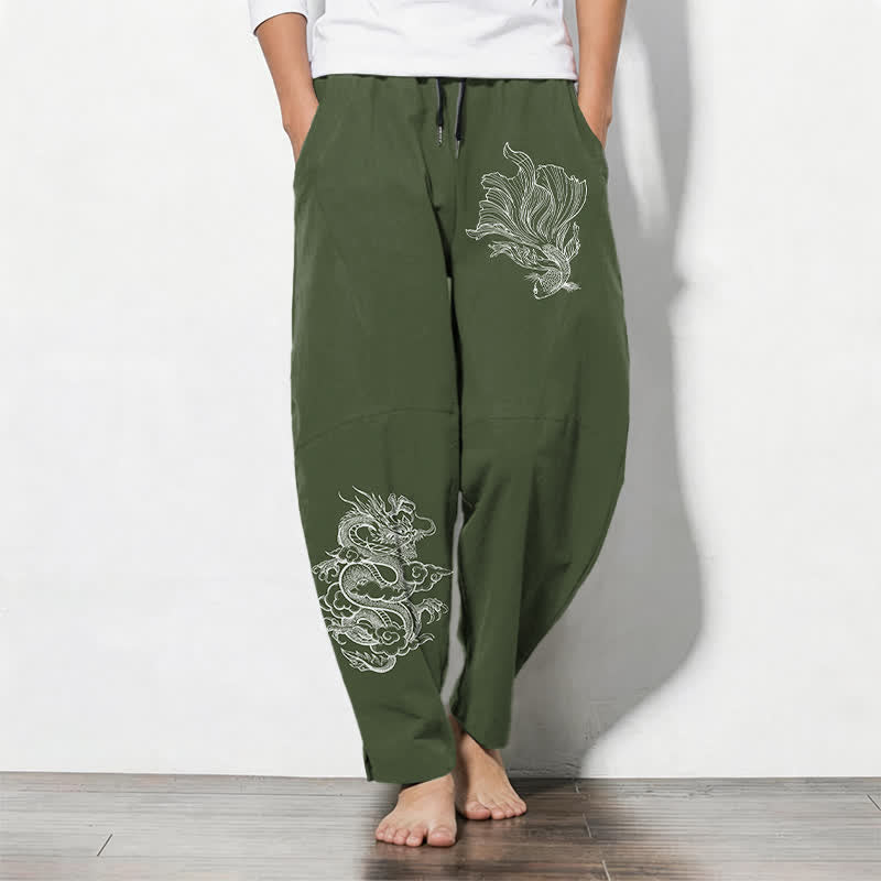 Buddha Stones Pure Cotton Koi Dragon Pattern Drawstring Men's Tapered Pants With Pockets - DarkOliveGreen - US/UK/AU50，EU60 (5XL) - image 11