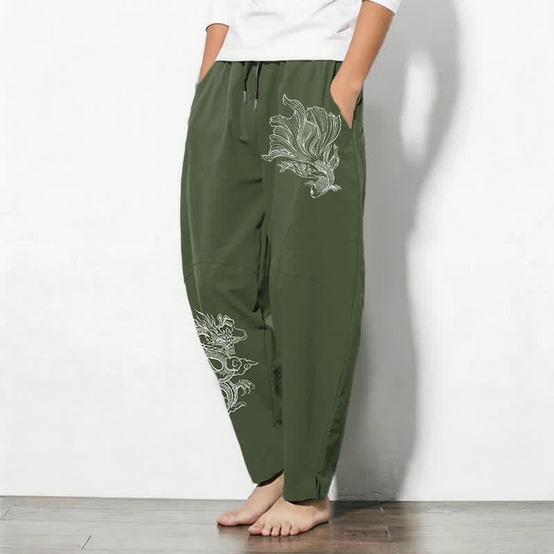 Buddha Stones Pure Cotton Koi Dragon Pattern Drawstring Men's Tapered Pants With Pockets - image 12
