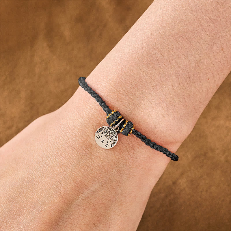 Buddha Stones 925 Sterling Silver Kitten Eating Fish Round Pendant Prosperity Red Black String Braided Bracelet - image 15
