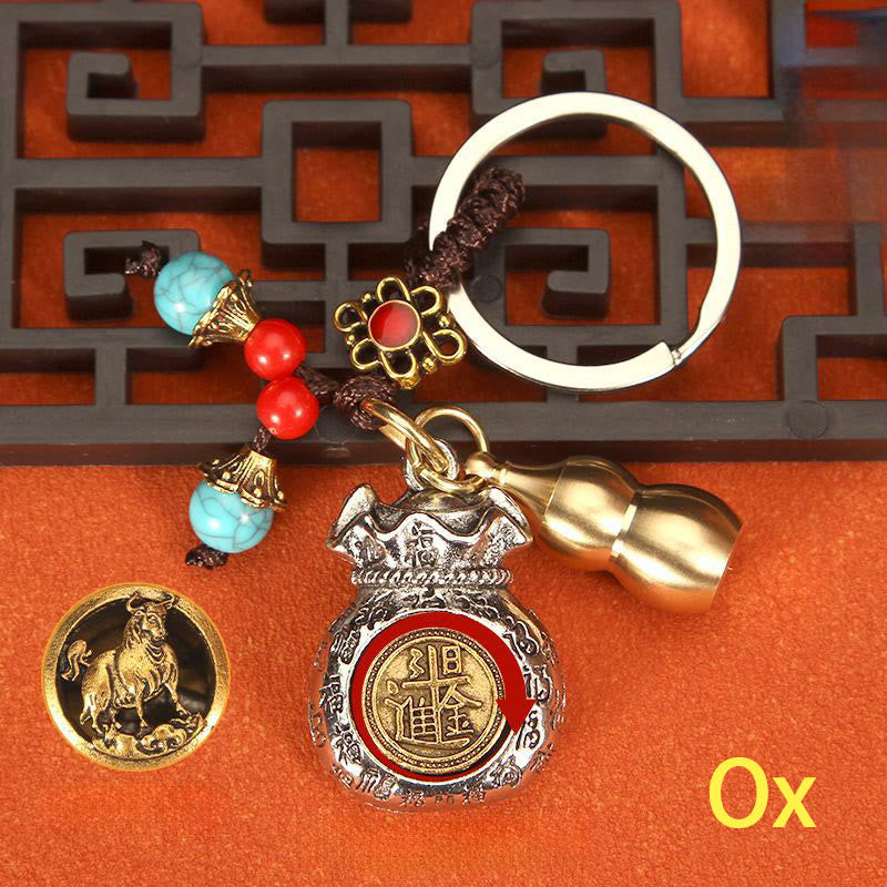 Buddha Stones Chinese Zodiac Rotating Fortune Bag Braided Keychains - Ox - image 1