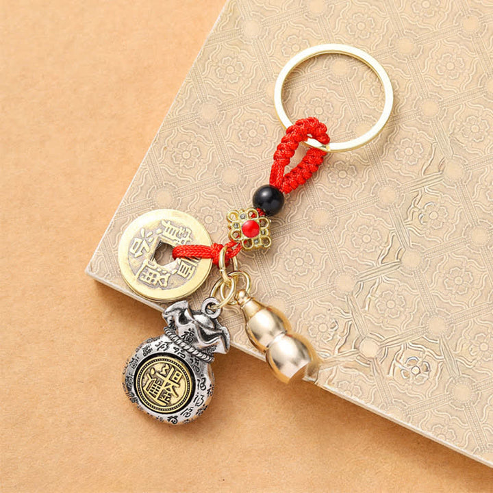 Buddha Stones Braided Red String Chinese Zodiac Five Emperor Coins Protection Keychains - image 0