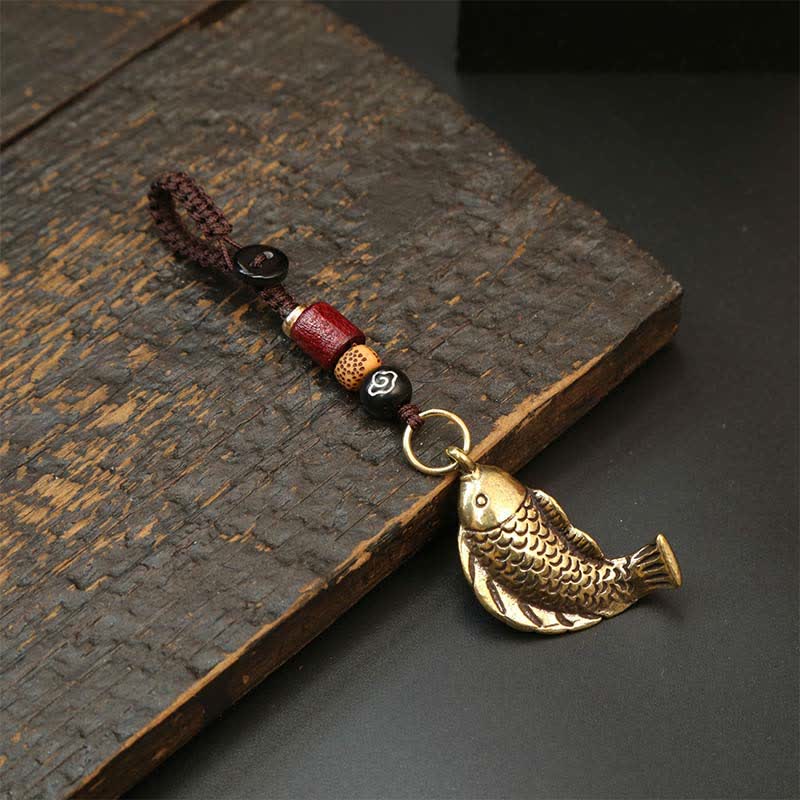 Buddha Stones Brass Koi Fish Gourd Five Emperor Coins Wealth Braided Keychains - Cloud Rope - image 1