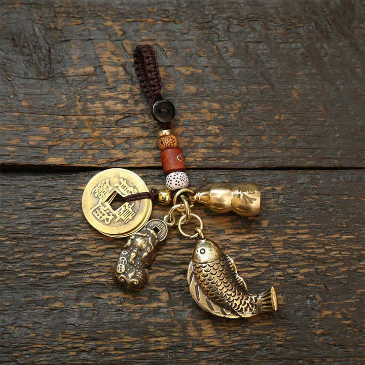Buddha Stones Brass Koi Fish Gourd Five Emperor Coins Wealth Braided Keychains - Coins Pi Xiu Gourd - image 0