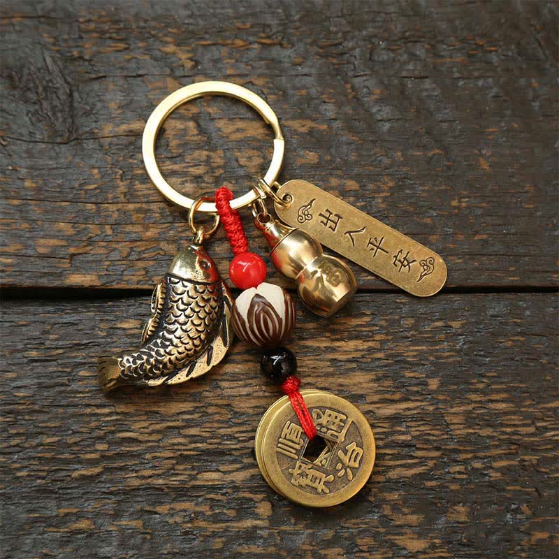 Buddha Stones Brass Koi Fish Gourd Five Emperor Coins Wealth Braided Keychains - Bodhi Coins Gourd - image 4