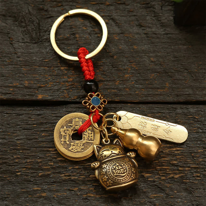 Buddha Stones Brass Lucky Cat Chinese Coin Wealth Keychains - Red Cord Coins - image 0