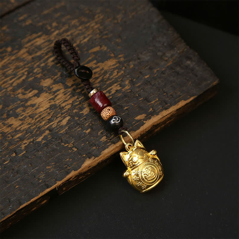 Buddha Stones Copper Lucky Cat Chinese Coin Gourd Pi Xiu Braided Keychains - Cloud Cord - image 1