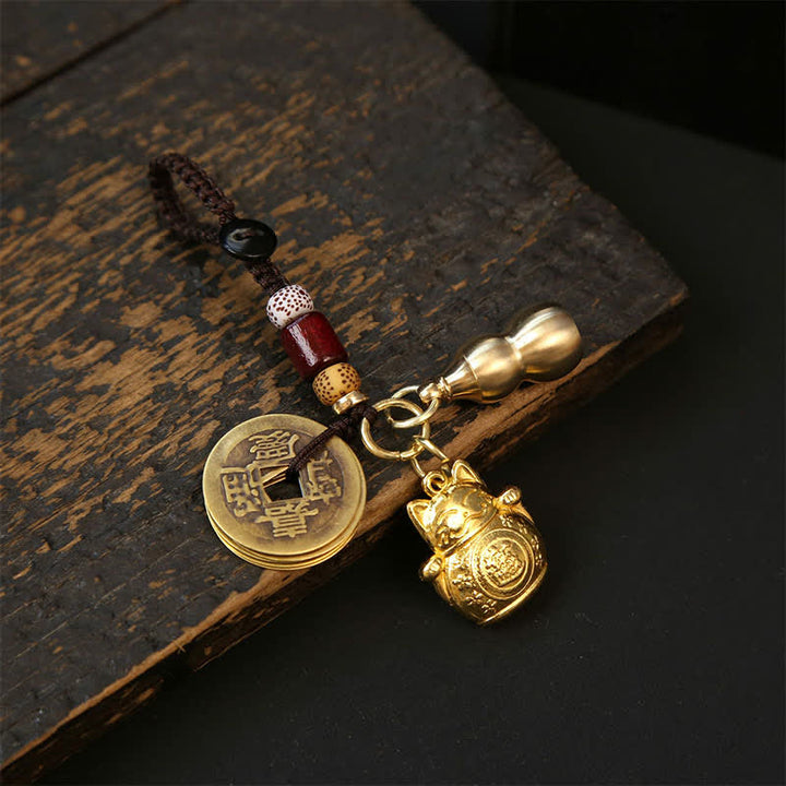 Buddha Stones Copper Lucky Cat Chinese Coin Gourd Pi Xiu Braided Keychains - Gourd Coins - image 3
