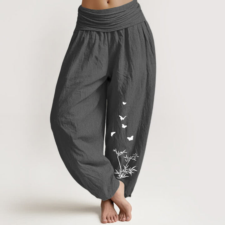 Buddha Stones Pure Cotton Butterfly Bamboo Leaf Pattern Women's Elastic Waist Harem Pants - DimGray - US16，UK/AU20，EU48 (3XL) - image 5