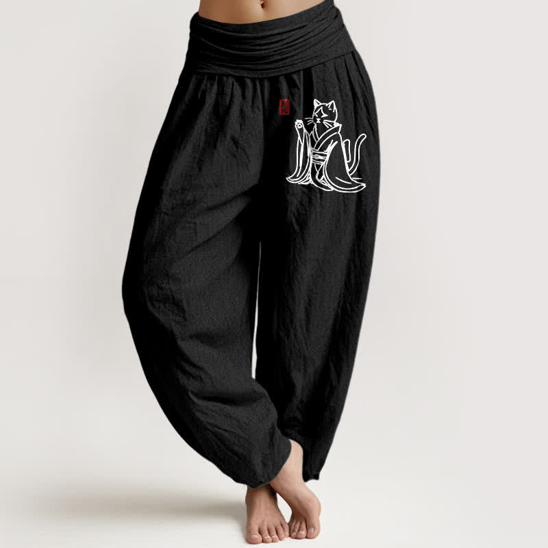 Buddha Stones Pure Cotton Zen Cat Pattern Women's Elastic Waist Harem Pants - Black - US16，UK/AU20，EU48 (3XL) - image 14
