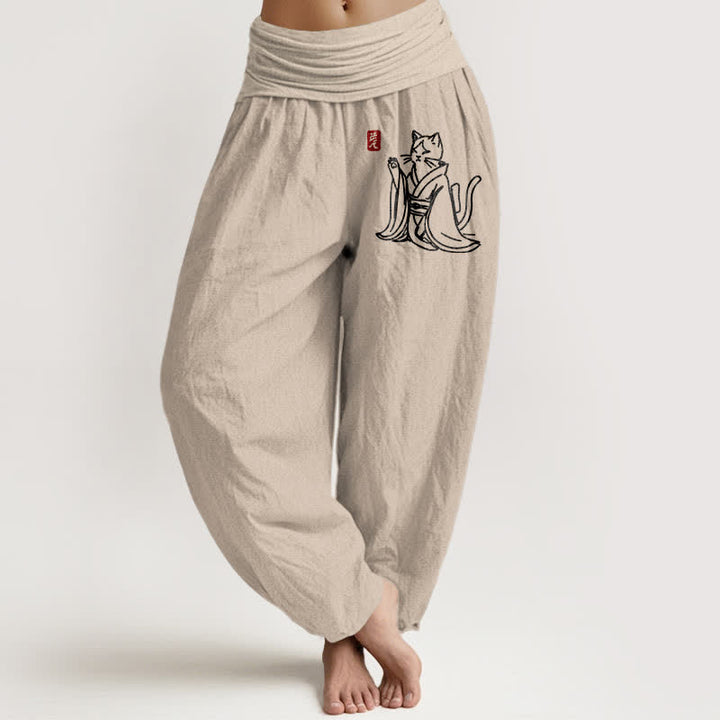 Buddha Stones Pure Cotton Zen Cat Pattern Women's Elastic Waist Harem Pants - Tan - US16，UK/AU20，EU48 (3XL) - image 0