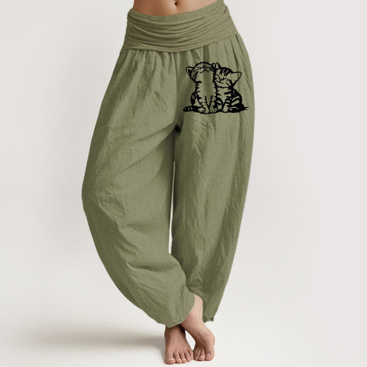 Buddha Stones Pure Cotton White Cat Pattern Women's Elastic Waist Harem Pants - OliveDrab - US16，UK/AU20，EU48 (3XL) - image 8