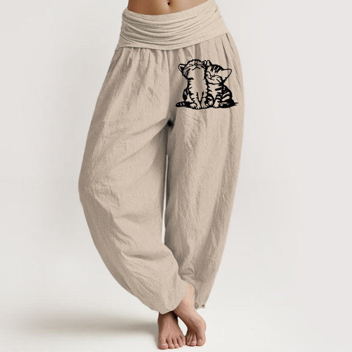 Buddha Stones Pure Cotton White Cat Pattern Women's Elastic Waist Harem Pants - Tan - US16，UK/AU20，EU48 (3XL) - image 14