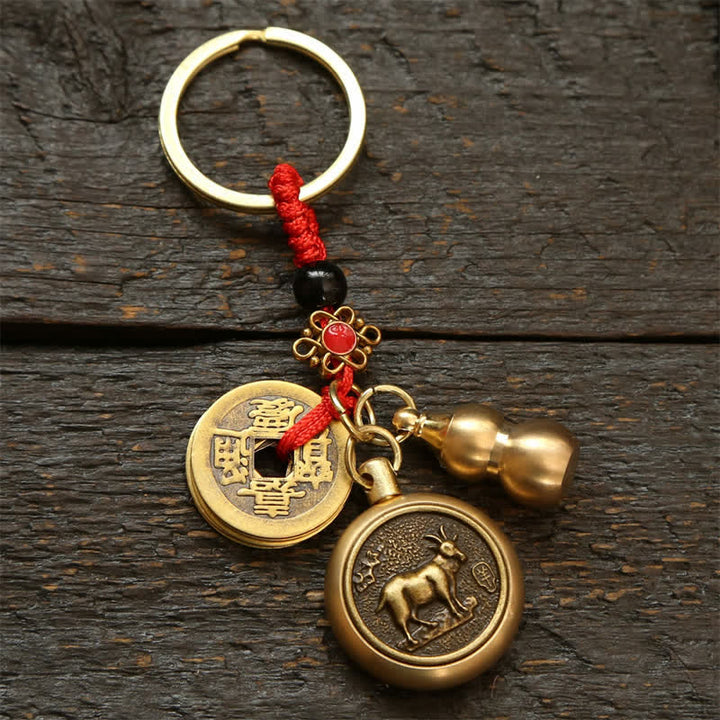 Buddha Stones Copper Chinese Zodiac Five Emperor Coins Red String Wealth Keychains - Goat - image 0