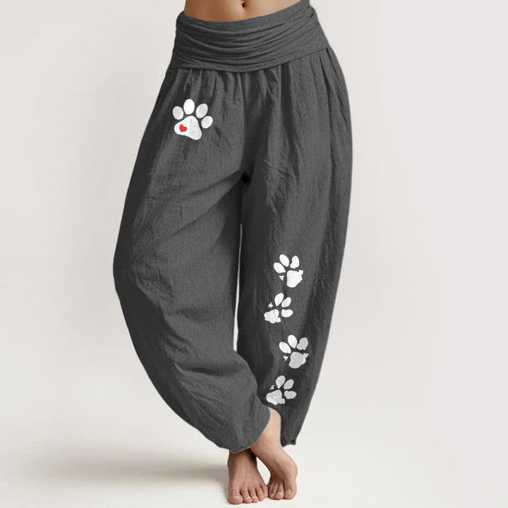 Buddha Stones Pure Cotton White Paw Print Pattern Women's Elastic Waist Harem Pants - DimGray - US16，UK/AU20，EU48 (3XL) - image 5