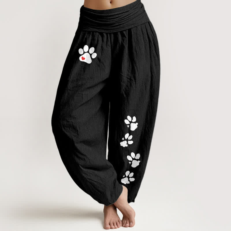 Buddha Stones Pure Cotton White Paw Print Pattern Women's Elastic Waist Harem Pants - Black - US16，UK/AU20，EU48 (3XL) - image 0