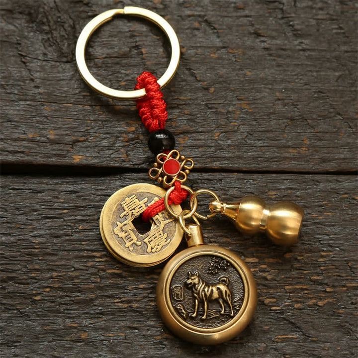 Buddha Stones Copper Chinese Zodiac Five Emperor Coins Red String Wealth Keychains - Dog - image 19