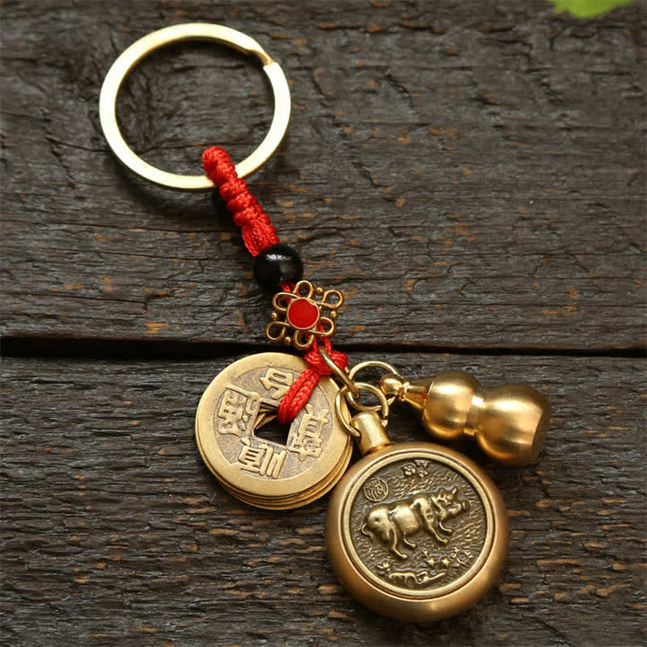 Buddha Stones Copper Chinese Zodiac Five Emperor Coins Red String Wealth Keychains - Pig - image 20