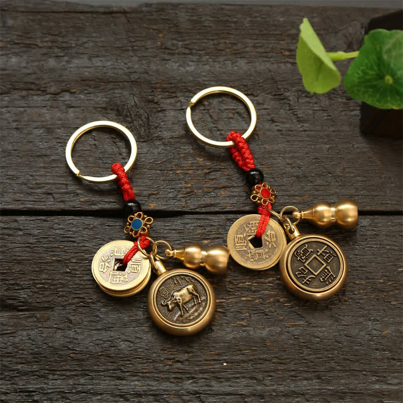 Buddha Stones Copper Chinese Zodiac Five Emperor Coins Red String Wealth Keychains - image 26