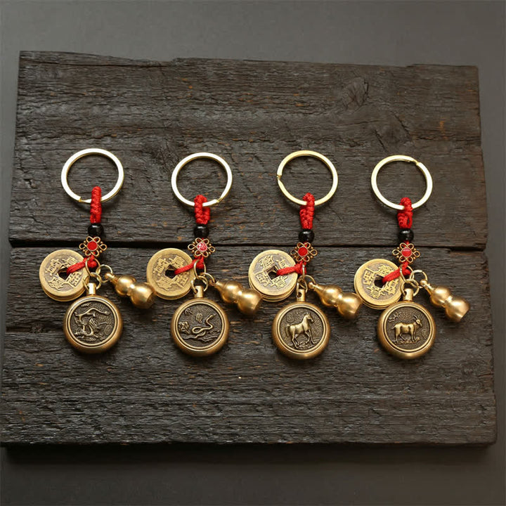 Buddha Stones Copper Chinese Zodiac Five Emperor Coins Red String Wealth Keychains - image 30