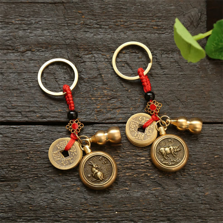 Buddha Stones Copper Chinese Zodiac Five Emperor Coins Red String Wealth Keychains - image 25