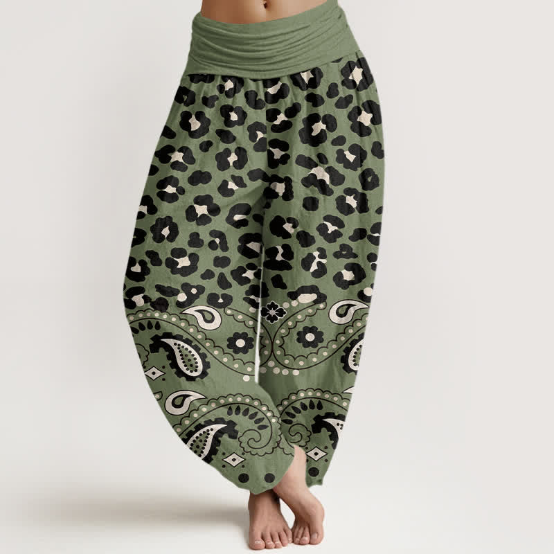 Buddha Stones Cotton Olive Leopard Paisley Pattern Women's Elastic Waist Harem Pants - OliveDrab - US16，UK/AU20，EU48 (3XL) - image 0