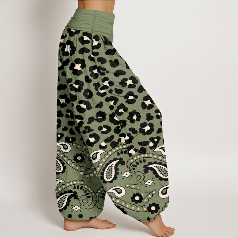 Buddha Stones Cotton Olive Leopard Paisley Pattern Women's Elastic Waist Harem Pants - image 1