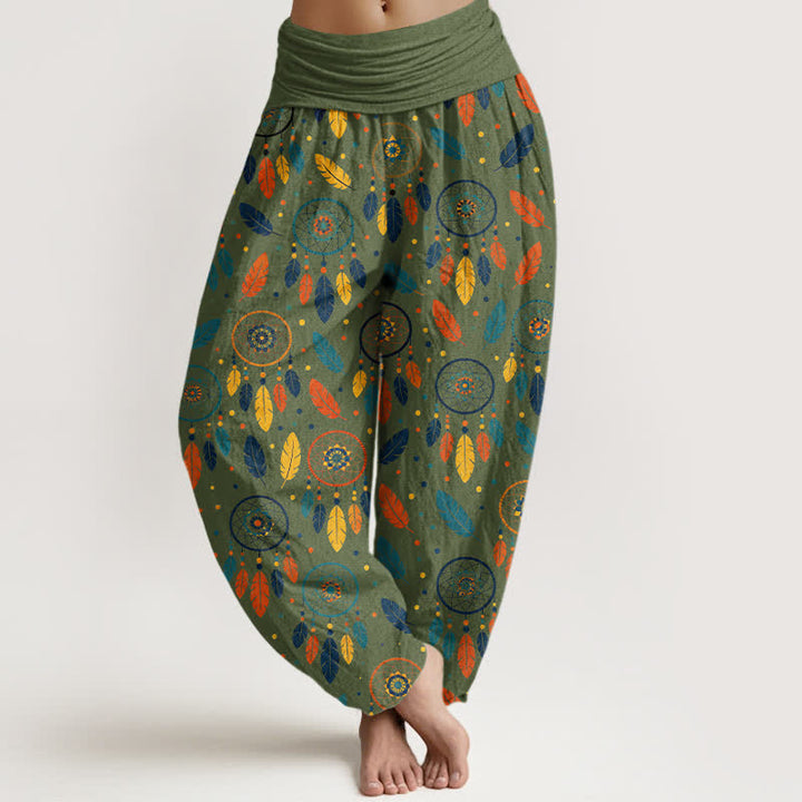 Buddha Stones Cotton Dreamcatcher Feather Pattern Women's Elastic Waist Harem Pants - OliveDrab - US16，UK/AU20，EU48 (3XL) - image 5